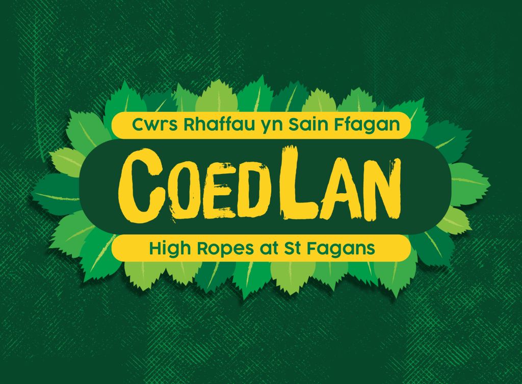 Coedlan, St Fagans High Ropes Course logo, yellow writing on green background