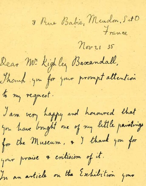 Letter from Gwen John to David Kighley Baxandall, Assistant Keeper of Art, 21/11/1935